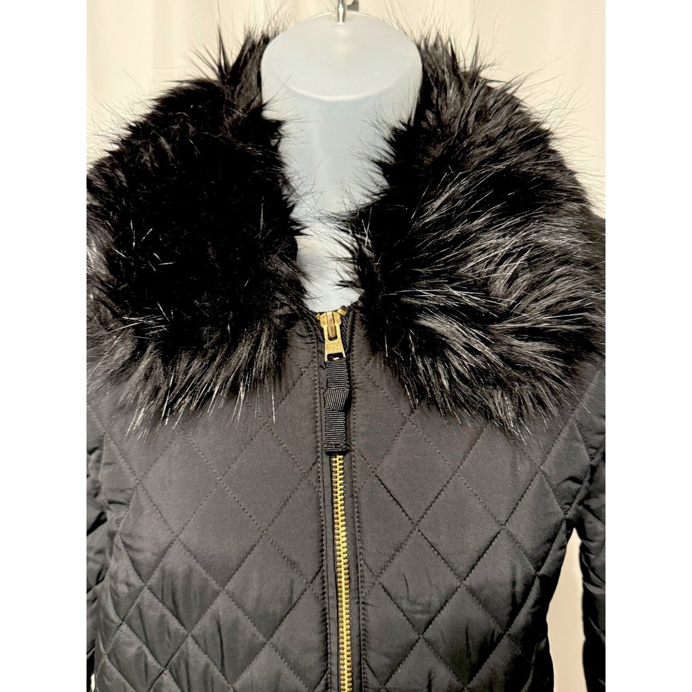 Tommy Hilfiger Black Long Puffer Jacket With Removable Faux Fur Collar Side Zips - Picture 2 of 12